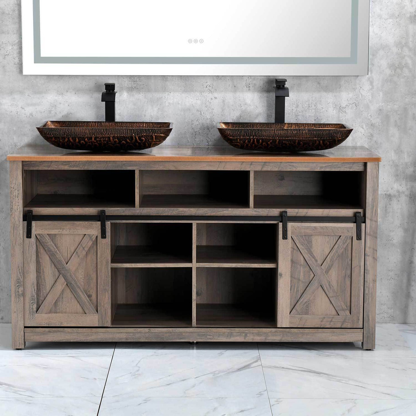 22.25" L -14.5" W -4 4-3/8 in. H Golden Handmade Glass Rectangle Vessel Bathroom Sink in Brown and with Faucet and Pop-Up Drain in Matte Black