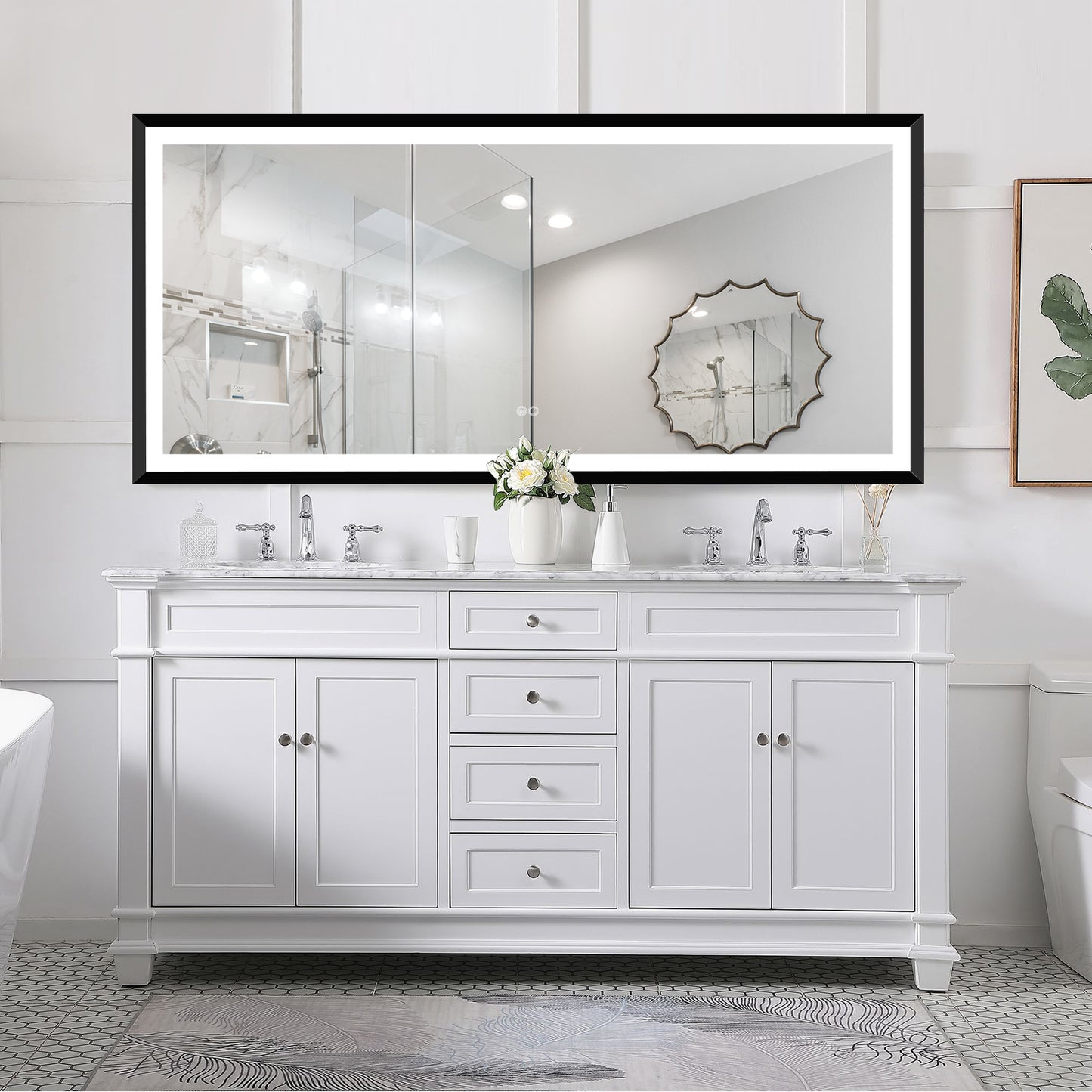 4 Size LED Bathroom Mirror; Backlit and Front Lighted Mirror for Bathroom; Wall Mounted Bathroom Vanity Framed Mirror Includes Dimmer; ; Defogger; Vertical / Horizontal