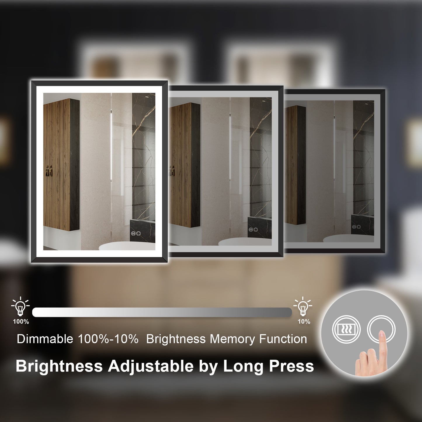 4 Size LED Bathroom Mirror; Backlit and Front Lighted Mirror for Bathroom; Wall Mounted Bathroom Vanity Framed Mirror Includes Dimmer; ; Defogger; Vertical / Horizontal