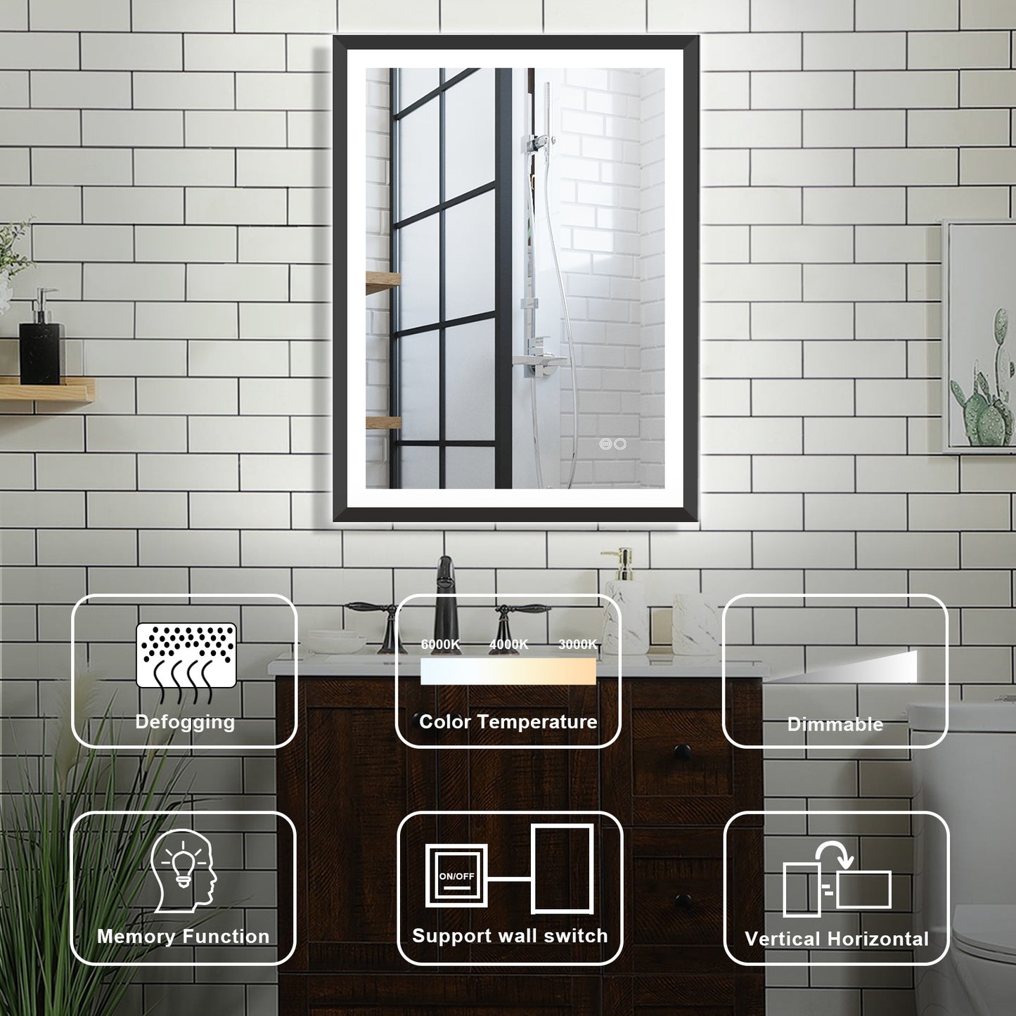4 Size LED Bathroom Mirror; Backlit and Front Lighted Mirror for Bathroom; Wall Mounted Bathroom Vanity Framed Mirror Includes Dimmer; ; Defogger; Vertical / Horizontal