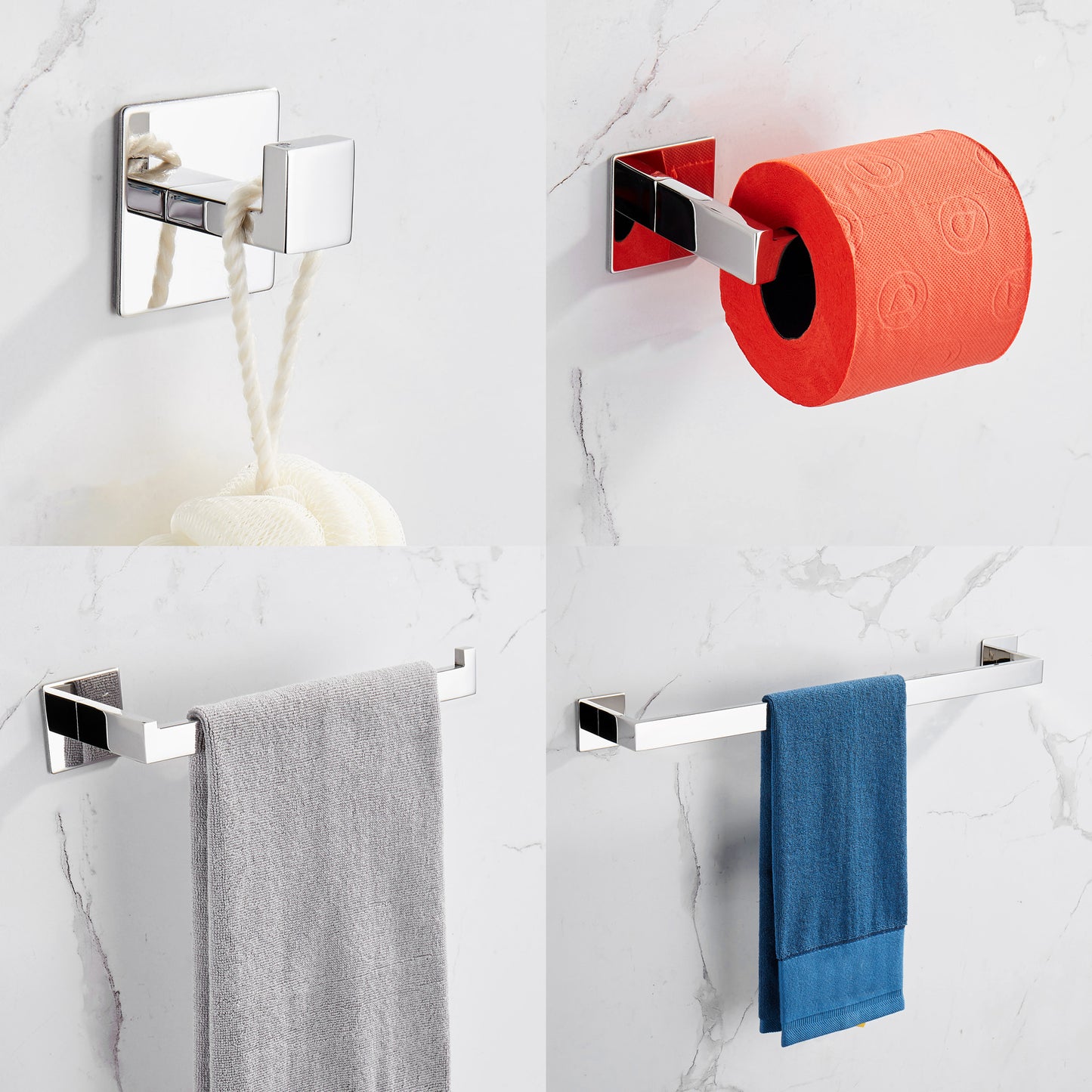 Strong Viscosity Adhesive 4 Pieces Bathroom Accessories Set Without Drilling Silver Brushed Towel Bar Set Holder Rack Robe Hook Tissue Toilet Paper Holder Rustproof 304 Stainless Steel YJ