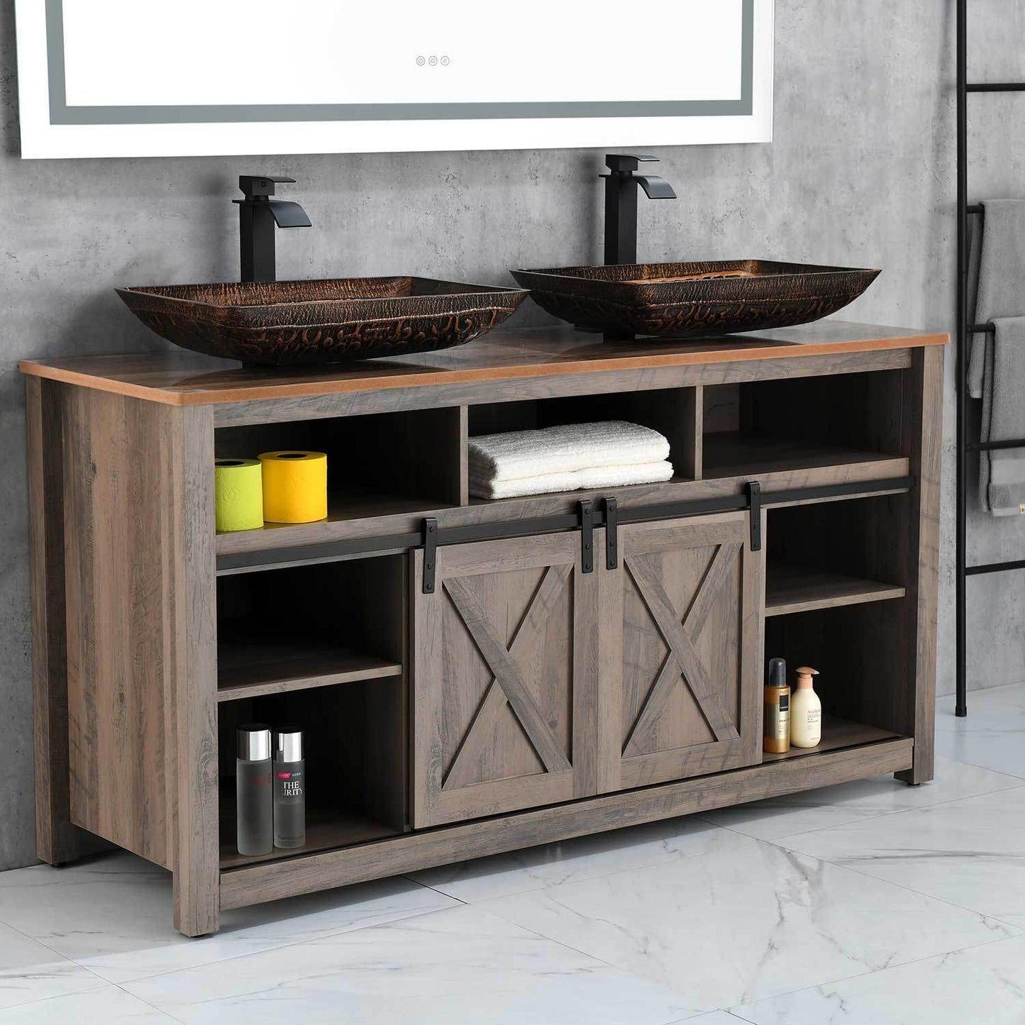 22.25" L -14.5" W -4 4-3/8 in. H Golden Handmade Glass Rectangle Vessel Bathroom Sink in Brown and with Faucet and Pop-Up Drain in Matte Black