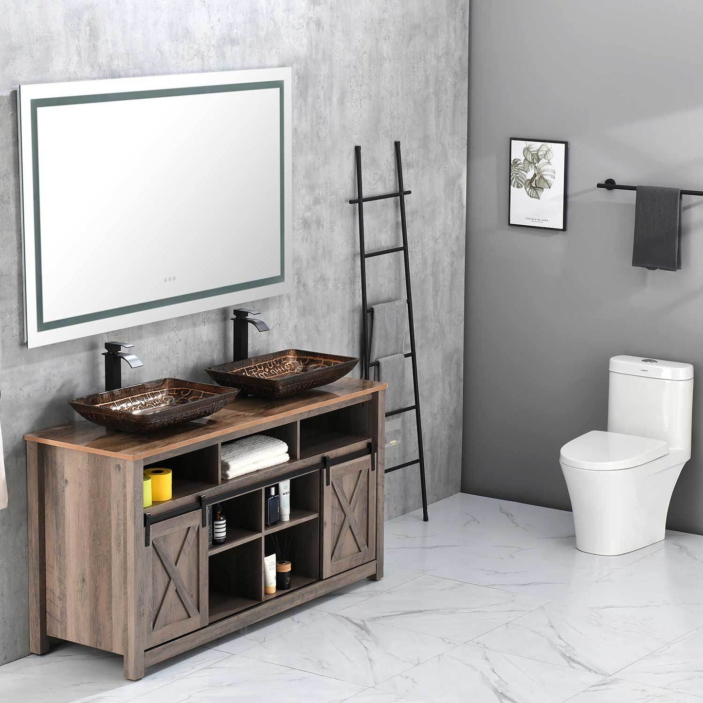 22.25" L -14.5" W -4 4-3/8 in. H Golden Handmade Glass Rectangle Vessel Bathroom Sink in Brown and with Faucet and Pop-Up Drain in Matte Black