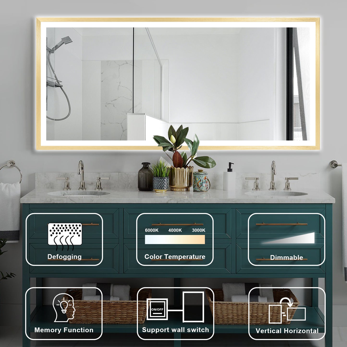 4 Size LED Bathroom Mirror; Backlit and Front Lighted Mirror for Bathroom; Wall Mounted Bathroom Vanity Framed Mirror Includes Dimmer; ; Defogger; Vertical / Horizontal