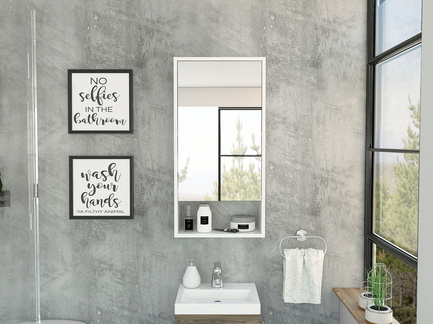 Modesto Medicine Cabinet; One Open Shelf; Mirrored Cabinet With Two Interior Shelves