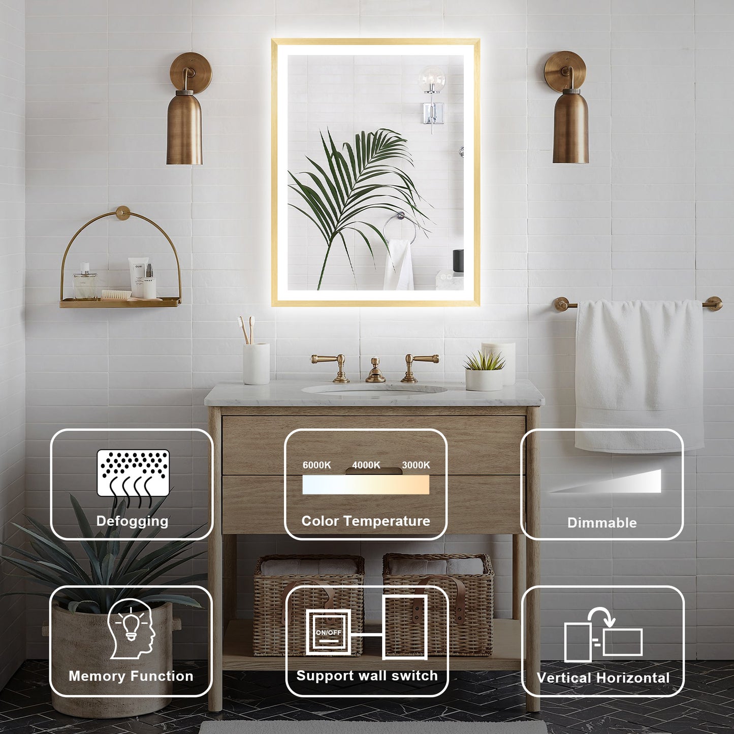 4 Size LED Bathroom Mirror; Backlit and Front Lighted Mirror for Bathroom; Wall Mounted Bathroom Vanity Framed Mirror Includes Dimmer; ; Defogger; Vertical / Horizontal