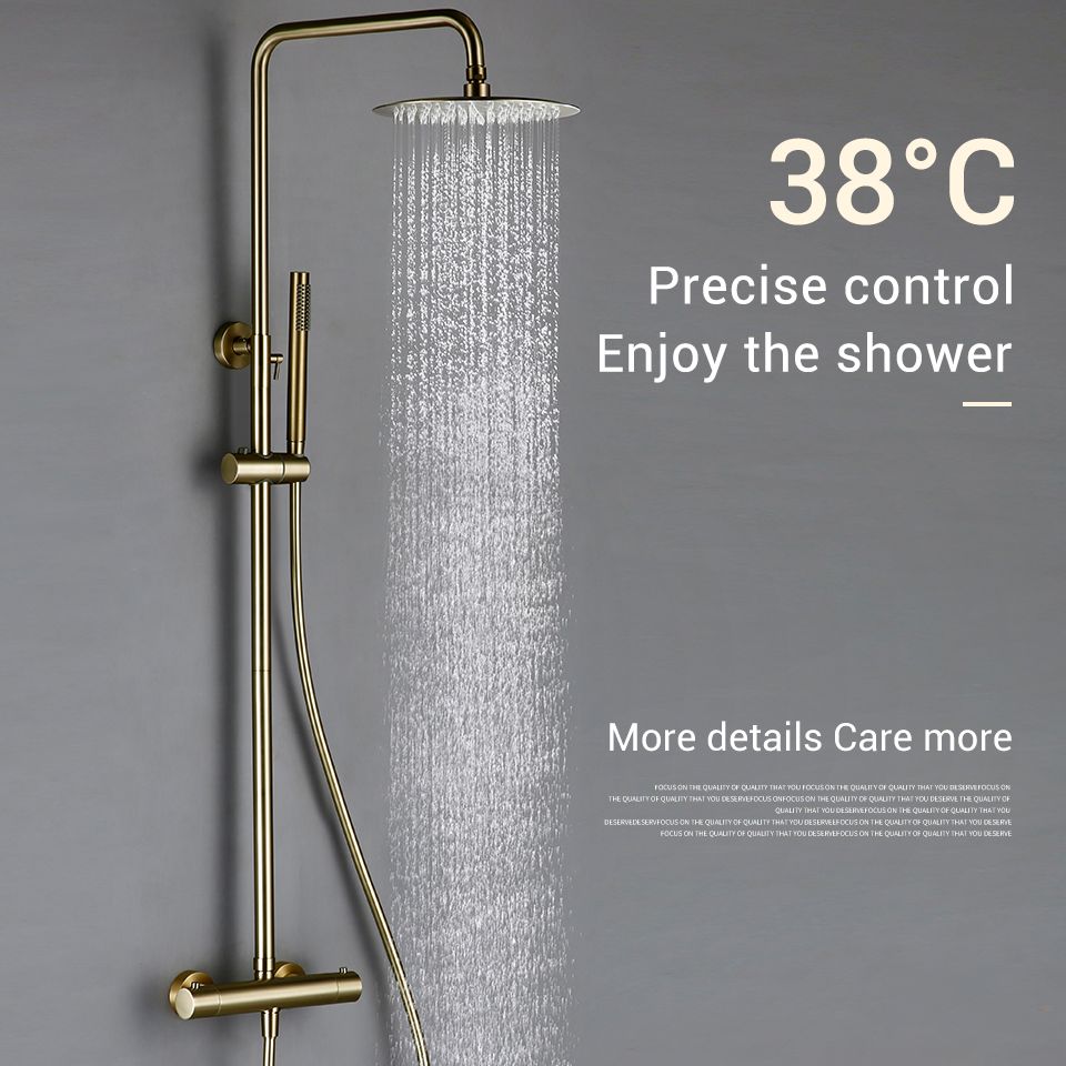 Thermostatic Shower Set Brushed Gold Faucet Brass Temperature Bathroom System Mixer Tap Rain Head Wall-Mount Handheld Sprayer