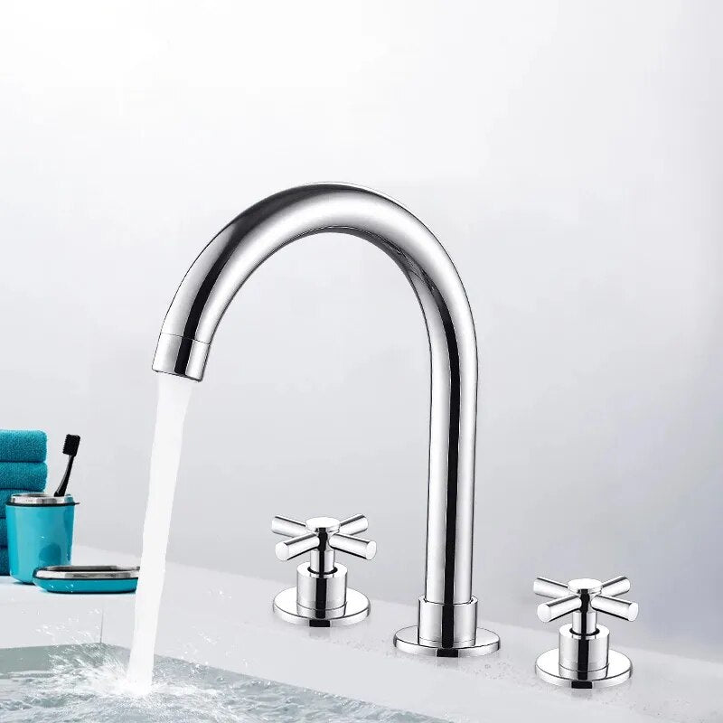 Basin Faucets Black and Polished Chrome Deck Mounted Bathroom Sink Faucets 3 Hole Double Handle Hot And Cold Water Tap