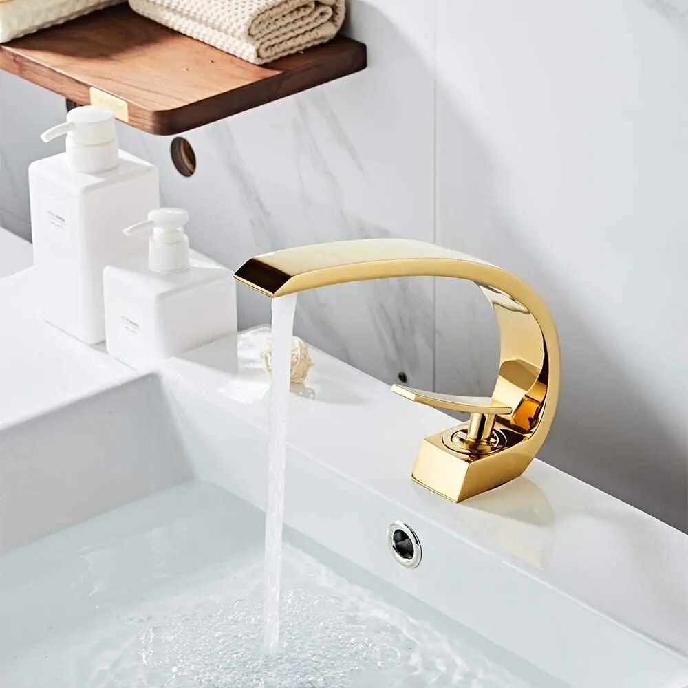 Shiny Polished Gold Bathroom Sink Faucet, Unique Design One Handle Single Hole Lavatory Faucet, Basin Mixer Tap Commercial