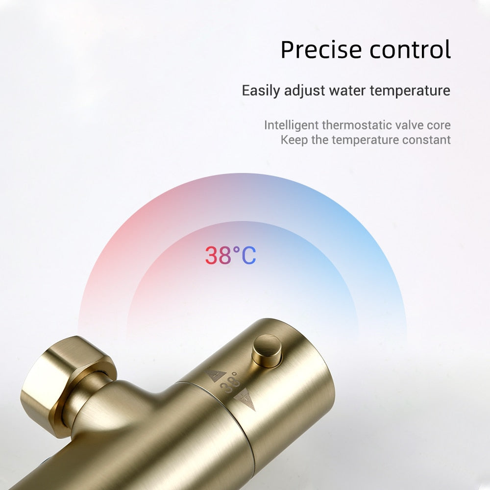 Thermostatic Shower Set Brushed Gold Faucet Brass Temperature Bathroom System Mixer Tap Rain Head Wall-Mount Handheld Sprayer