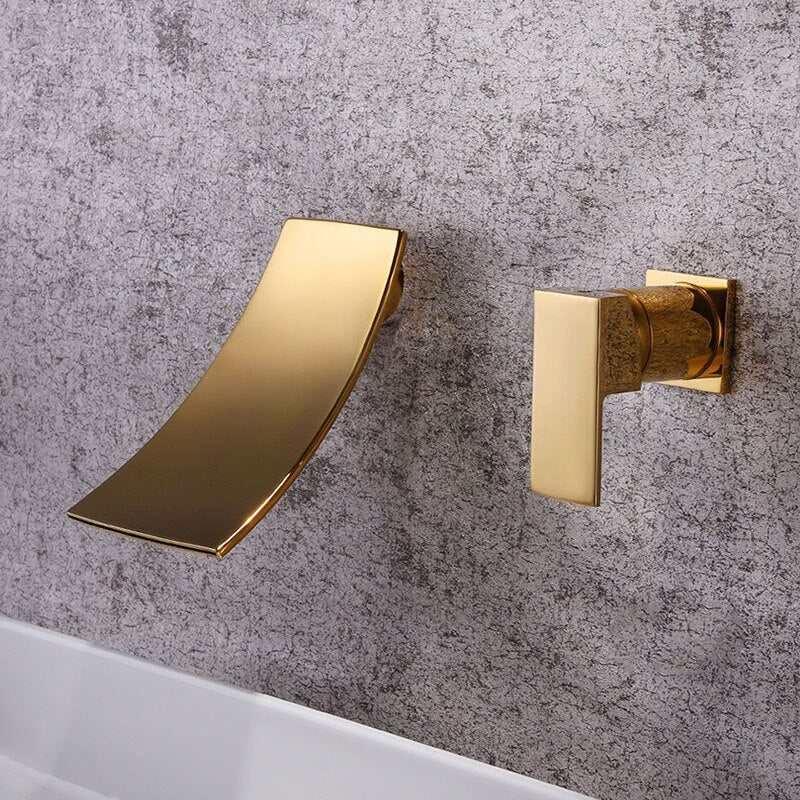 Gold &amp; Black Separated Bathroom Sink Faucet Wall Mounted Waterfall Style Hot &amp; Cold Basin Water Mixer Chrome Tap