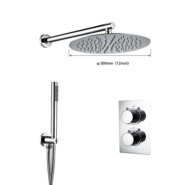 Thermostatic Control Mixing Bathroom Faucet BrushedShower Set 2 Dial 2 Way Diverter Valve Smesiteli Rainshwoer