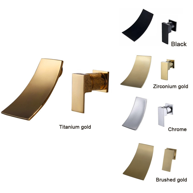 Gold &amp; Black Separated Bathroom Sink Faucet Wall Mounted Waterfall Style Hot &amp; Cold Basin Water Mixer Chrome Tap