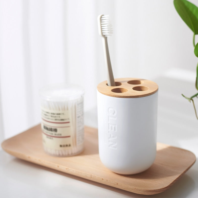 Bamboo Wood Toothbrush Holder Gargle Cup Soap Box Toilet Brush Household Hotel Bathroom Toilet Set Shower Storage