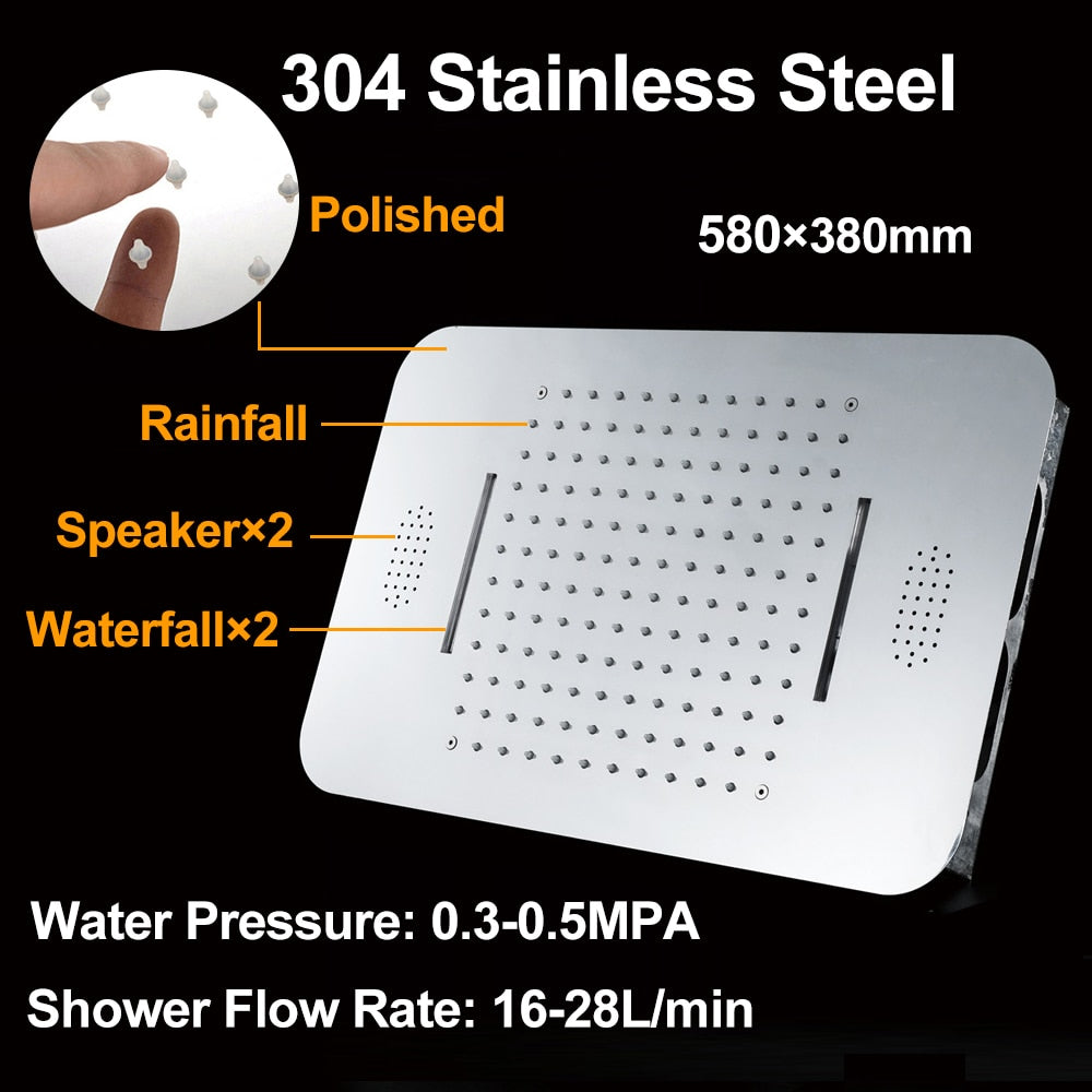 Bluetooth Music LED Shower Systems Tap Rain Shower Set Waterfall Bathroom Faucet Thermostatic Concealed Mixer Shower Head Chrome