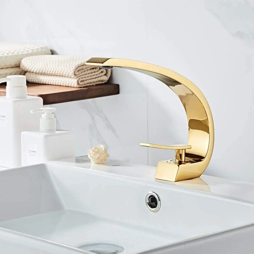 Shiny Polished Gold Bathroom Sink Faucet, Unique Design One Handle Single Hole Lavatory Faucet, Basin Mixer Tap Commercial