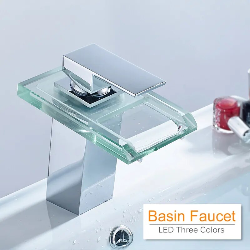 LED Bathroom  Faucet Waterfall Brass Basin Faucet Deck Mounted Sink