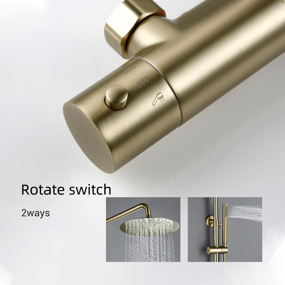 Thermostatic Shower Set Brushed Gold Faucet Brass Temperature Bathroom System Mixer Tap Rain Head Wall-Mount Handheld Sprayer