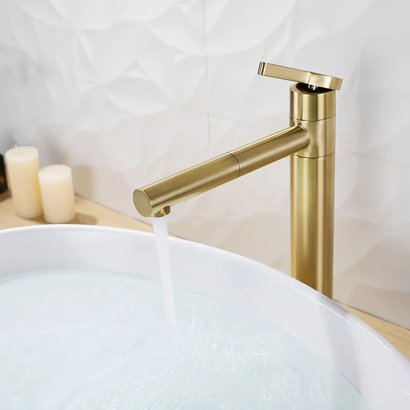 Brushed Gold Rotatable Basin Faucet 100% Brass Round Bathroom Faucet Hot & Cold Black Water Mixer Tap