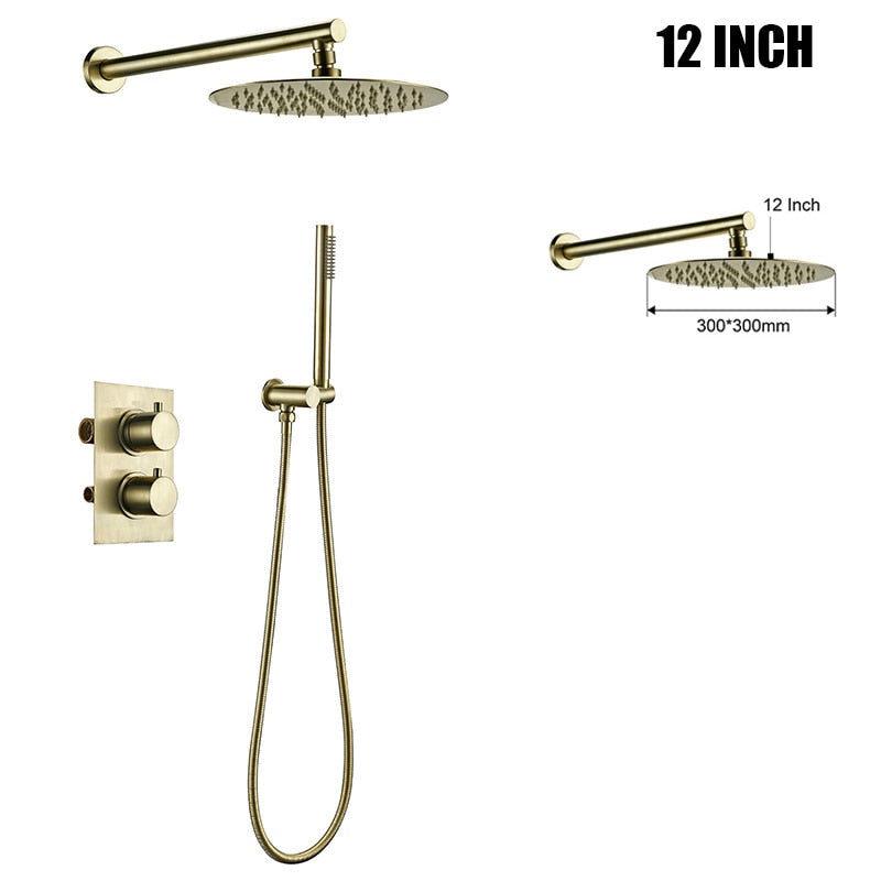 Thermostatic Control Mixing Bathroom Faucet BrushedShower Set 2 Dial 2 Way Diverter Valve Smesiteli Rainshwoer