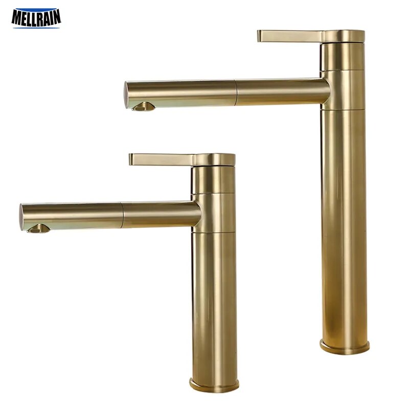 Brushed Gold Rotatable Basin Faucet 100% Brass Round Bathroom Faucet Hot & Cold Black Water Mixer Tap