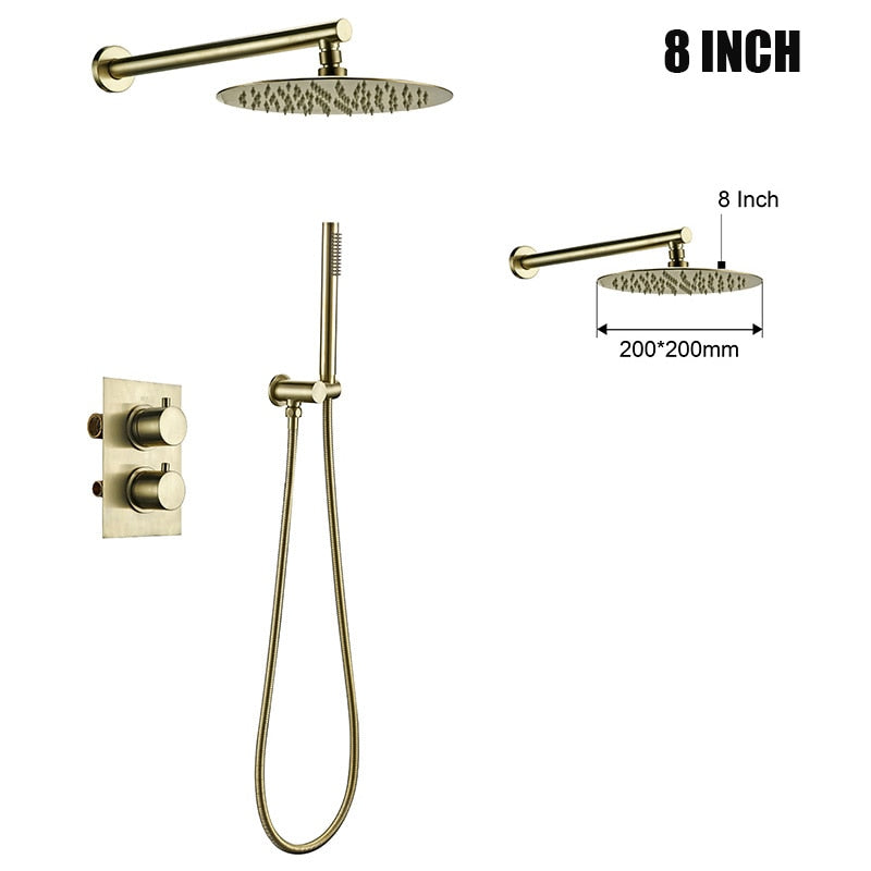 Thermostatic Control Mixing Bathroom Faucet BrushedShower Set 2 Dial 2 Way Diverter Valve Smesiteli Rainshwoer