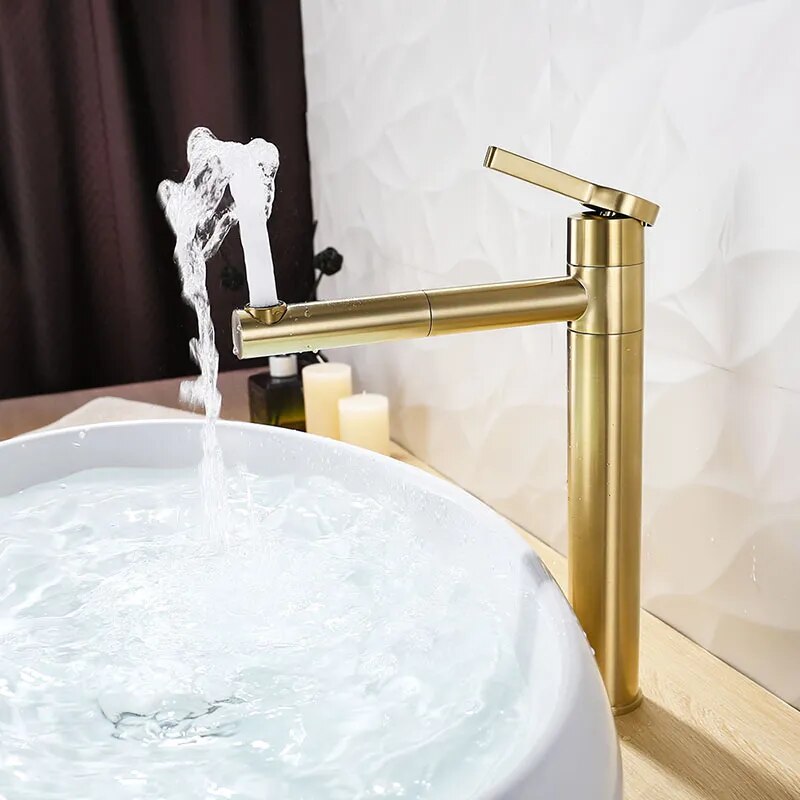 Brushed Gold Rotatable Basin Faucet 100% Brass Round Bathroom Faucet Hot & Cold Black Water Mixer Tap