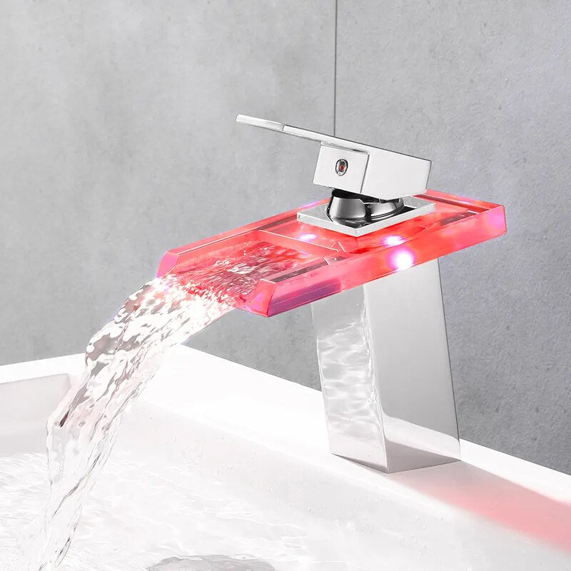 LED Bathroom  Faucet Waterfall Brass Basin Faucet Deck Mounted Sink