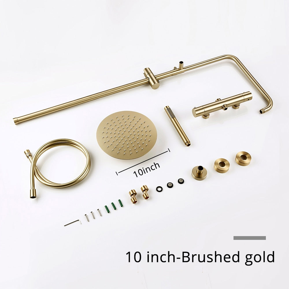 Thermostatic Shower Set Brushed Gold Faucet Brass Temperature Bathroom System Mixer Tap Rain Head Wall-Mount Handheld Sprayer