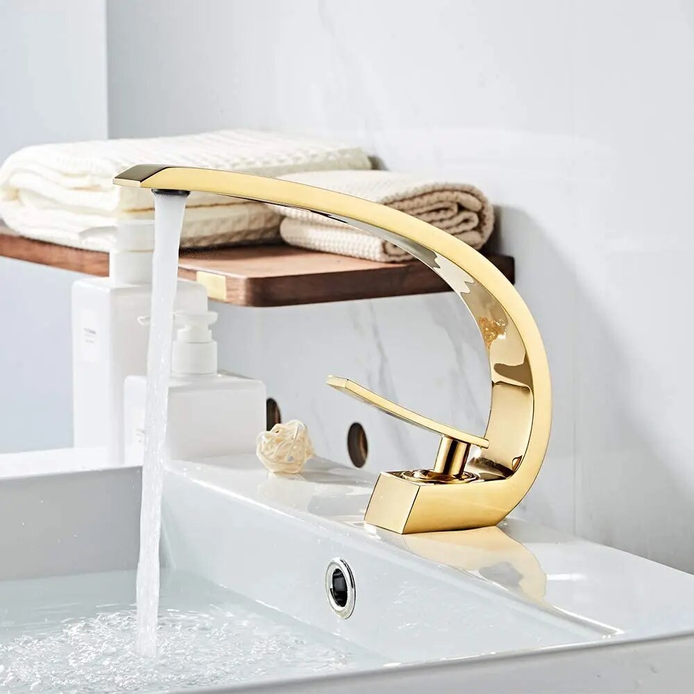 Shiny Polished Gold Bathroom Sink Faucet, Unique Design One Handle Single Hole Lavatory Faucet, Basin Mixer Tap Commercial