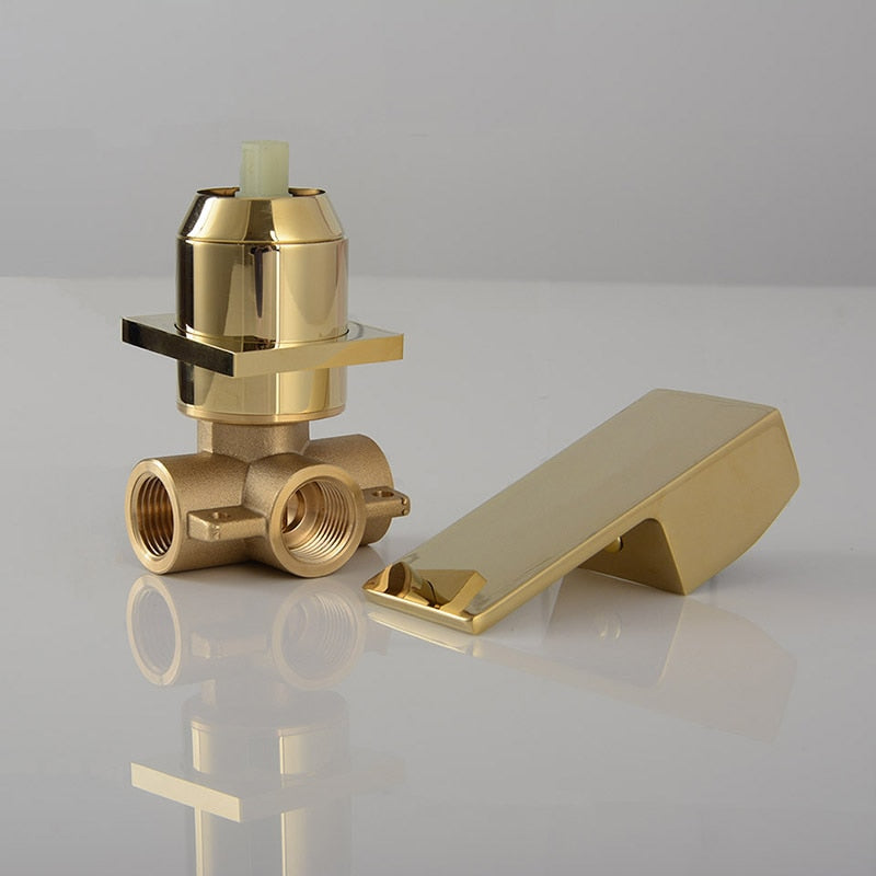 Gold &amp; Black Separated Bathroom Sink Faucet Wall Mounted Waterfall Style Hot &amp; Cold Basin Water Mixer Chrome Tap