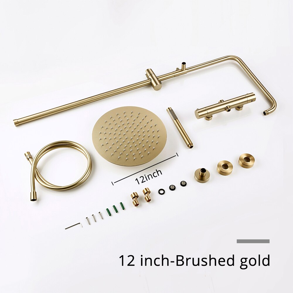 Thermostatic Shower Set Brushed Gold Faucet Brass Temperature Bathroom System Mixer Tap Rain Head Wall-Mount Handheld Sprayer