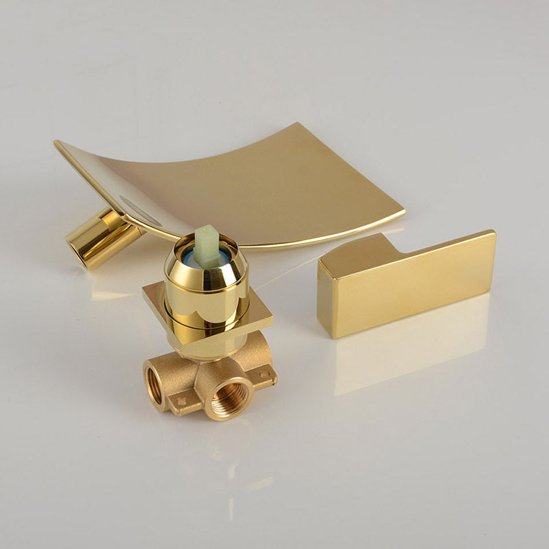 Gold &amp; Black Separated Bathroom Sink Faucet Wall Mounted Waterfall Style Hot &amp; Cold Basin Water Mixer Chrome Tap