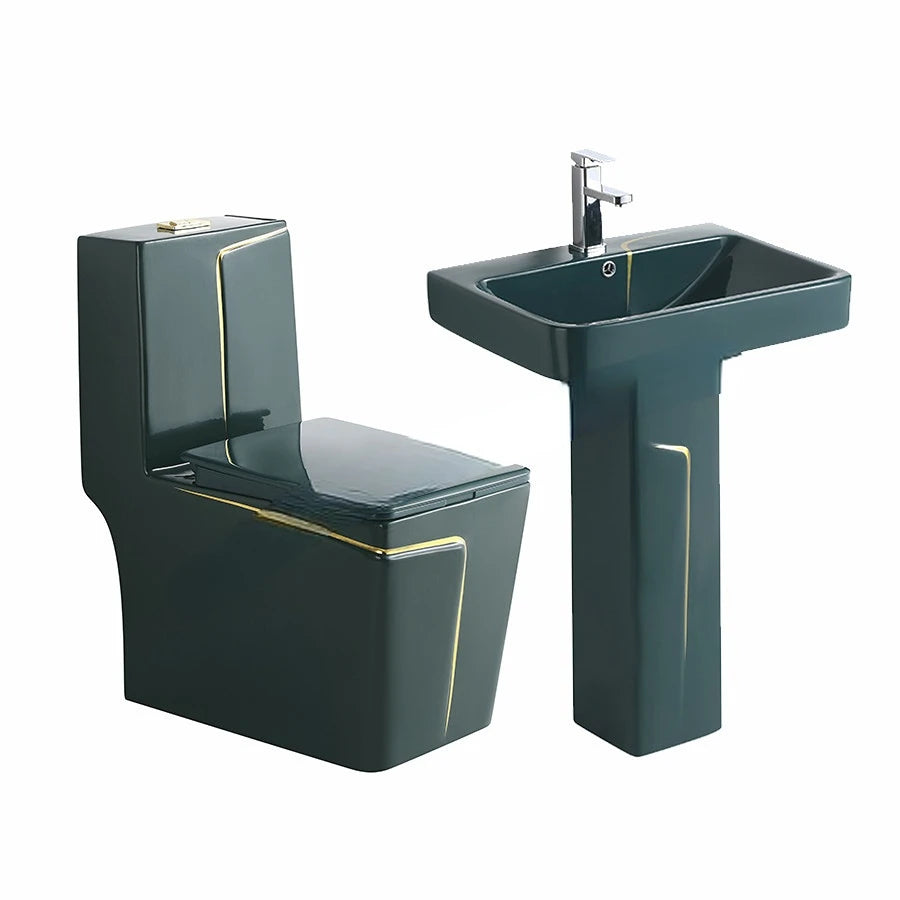 Modern bathroom grey square sanitary ware suite wc one piece ceramic commode basin toilet bowl toilet set with pedestal sink