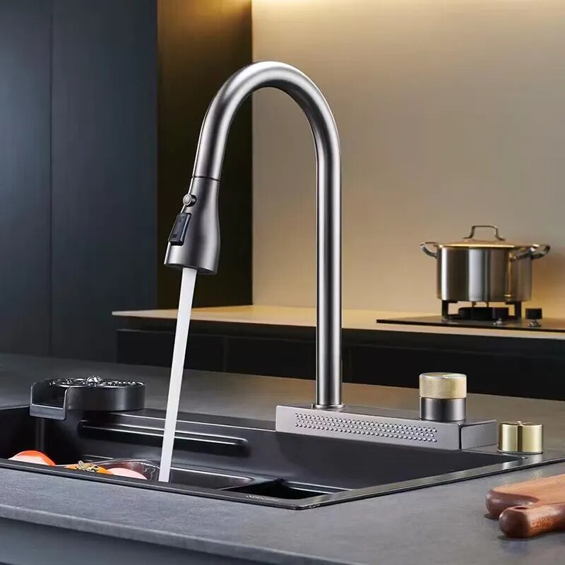 Waterfall Kitchen Sink Faucet with 4 Modes Pull Out Spout Stainless Steel Black One Hole Deck Mounted Kitchen Water Mixer Tap