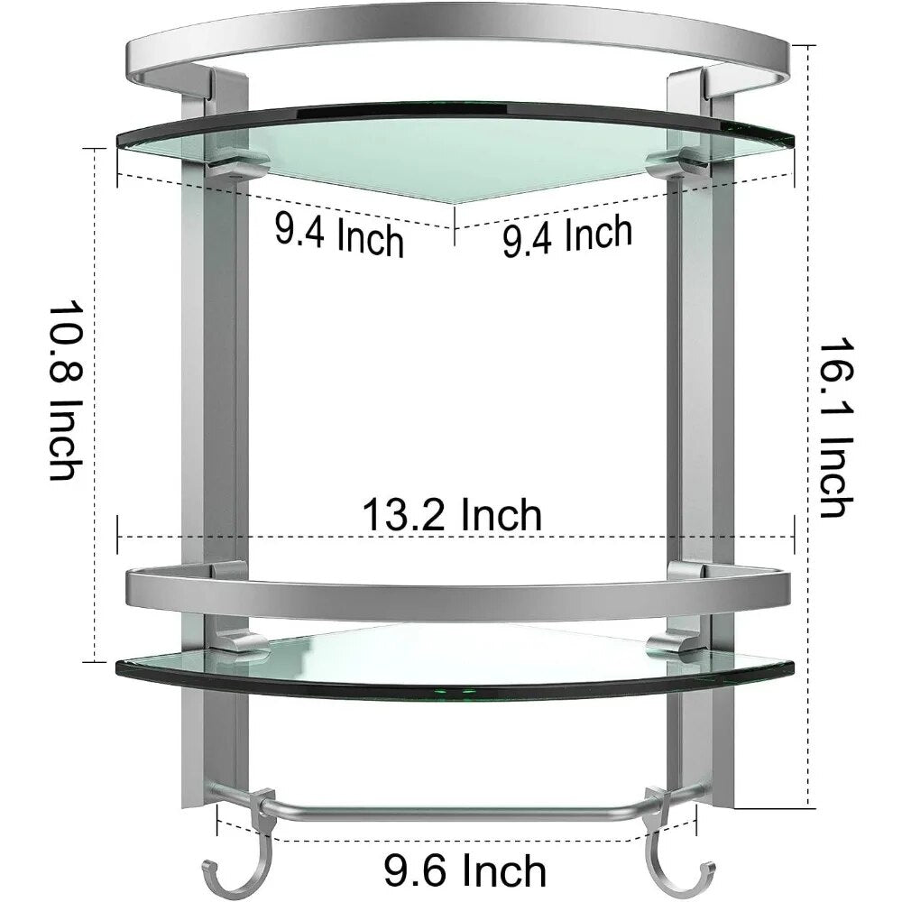 2 Tier Glass Corner Shelf, Bathroom Organizer Shower Caddy, Shower Shelve with Towel bar Wall Mounted, Glass