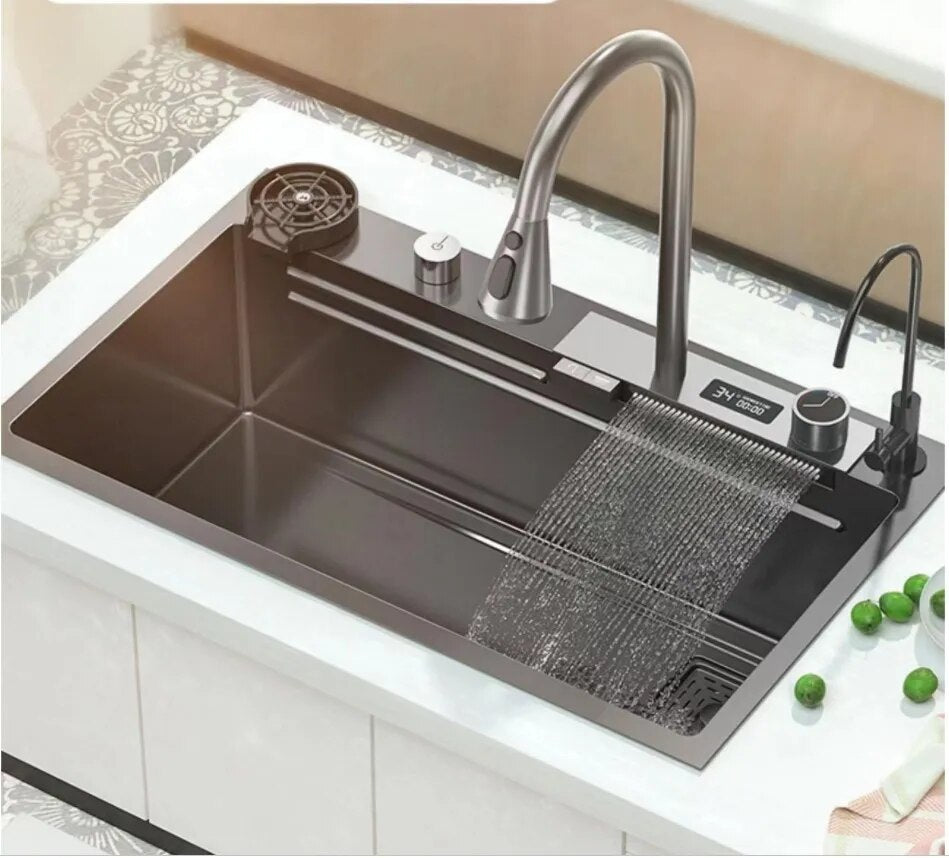 Waterfall Sink Kitchen Stainless Steel Topmount Sink Large Single Slot Wash Basin With Multifunction Touch Waterfall Faucet