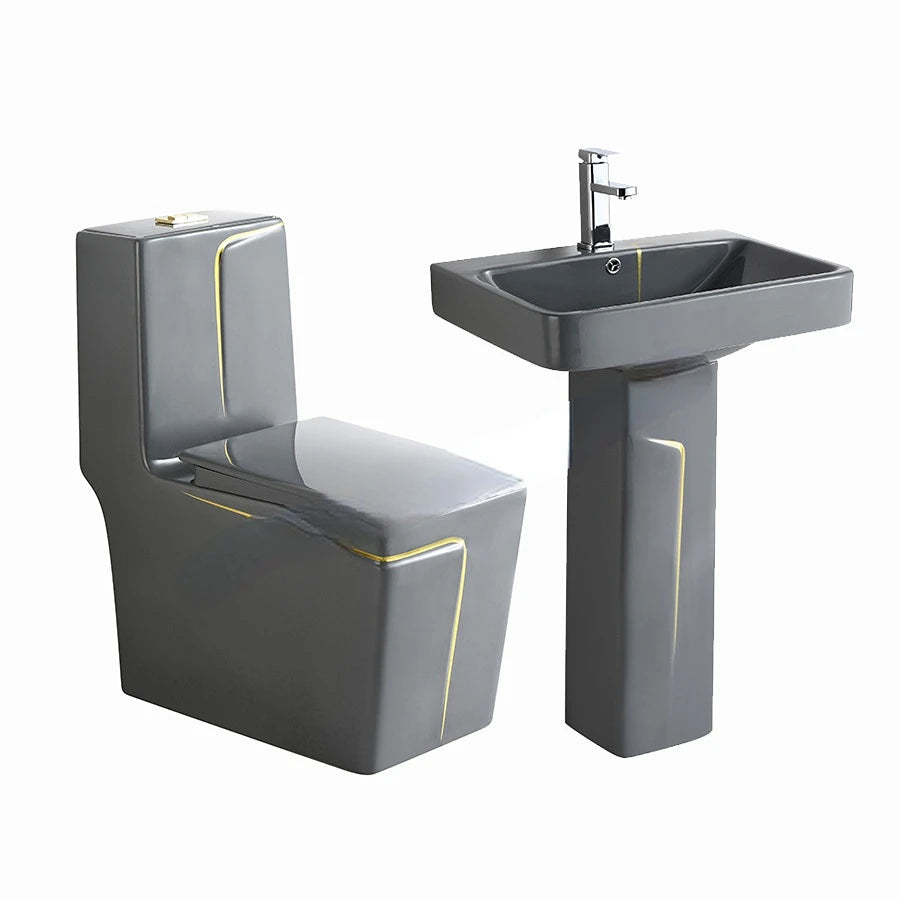 Modern bathroom grey square sanitary ware suite wc one piece ceramic commode basin toilet bowl toilet set with pedestal sink