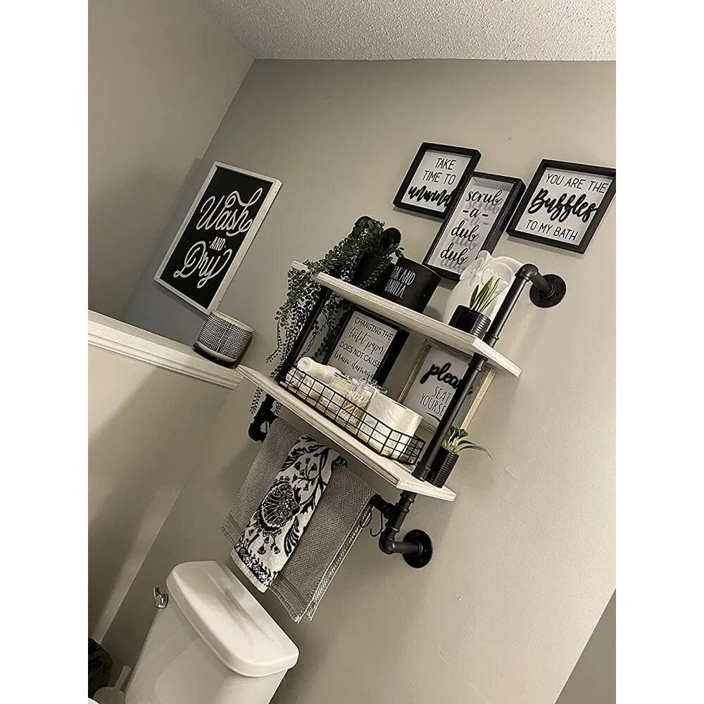 Pipe Shelving with Towel Bar,  Retro White Rustic Farmhouse Pipe Wall