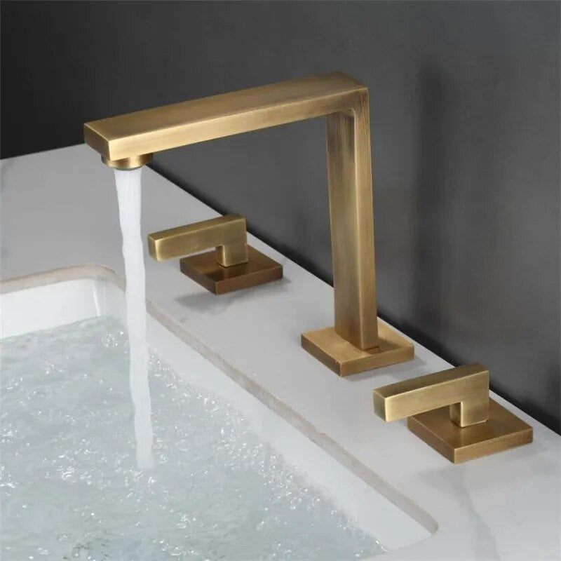 Brushed Gold Basin Faucet Total Brass Black Bathroom Faucet Antique Sink Faucets 3 Hole Hot And Cold Waterfall Faucet Water Tap