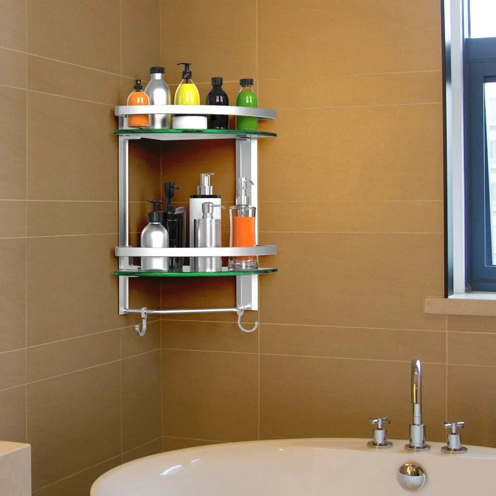 2 Tier Glass Corner Shelf, Bathroom Organizer Shower Caddy, Shower Shelve with Towel bar Wall Mounted, Glass