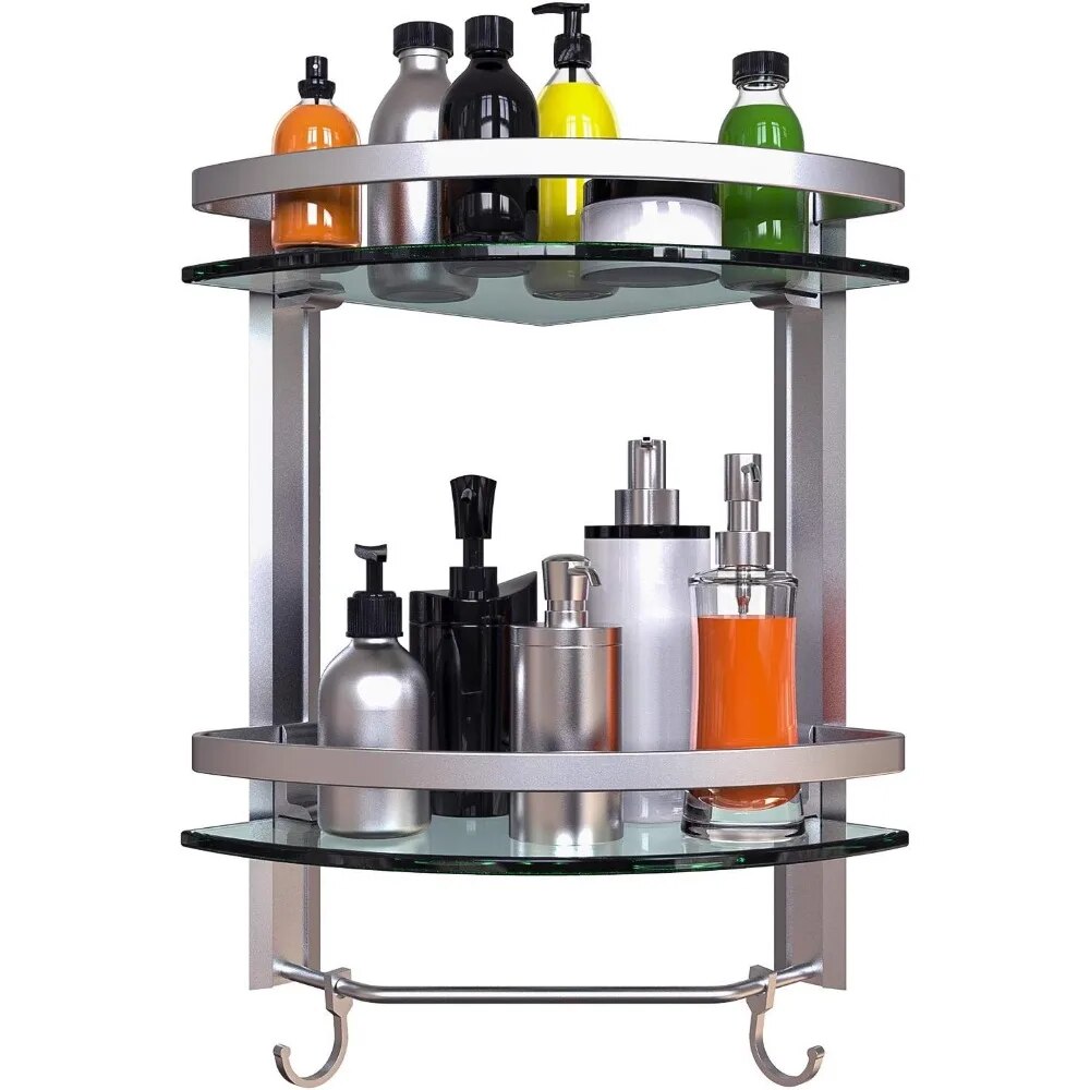 2 Tier Glass Corner Shelf, Bathroom Organizer Shower Caddy, Shower Shelve with Towel bar Wall Mounted, Glass