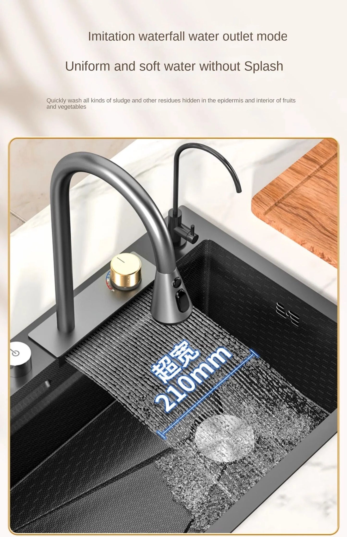 Stainless Steel Kitchen Waterfall Sink Digital Display, Sink Dish Basin With Multifunction Touch Waterfall