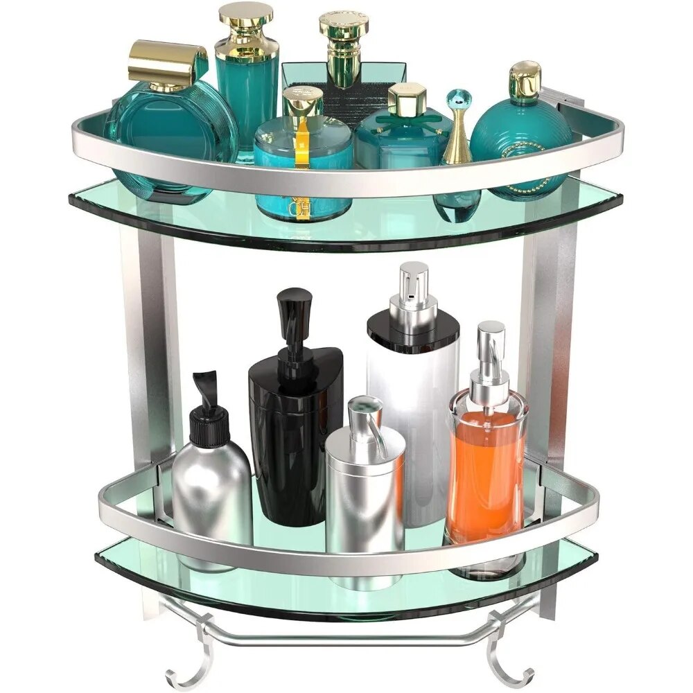 2 Tier Glass Corner Shelf, Bathroom Organizer Shower Caddy, Shower Shelve with Towel bar Wall Mounted, Glass