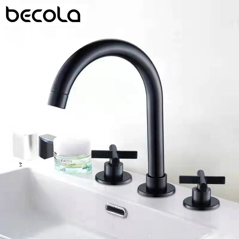 Basin Faucets Black and Polished Chrome Deck Mounted Bathroom Sink Faucets 3 Hole Double Handle Hot And Cold Water Tap