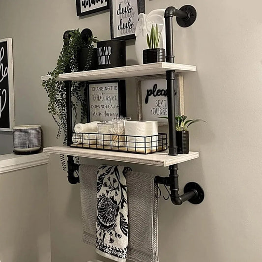 Pipe Shelving with Towel Bar,  Retro White Rustic Farmhouse Pipe Wall