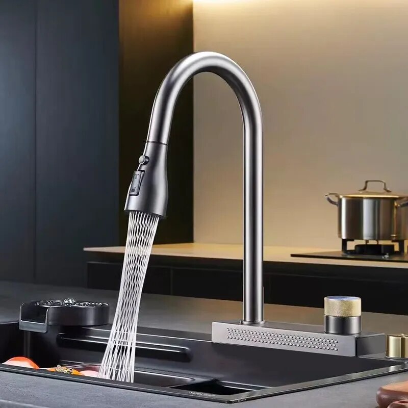 Waterfall Kitchen Sink Faucet with 4 Modes Pull Out Spout Stainless Steel Black One Hole Deck Mounted Kitchen Water Mixer Tap