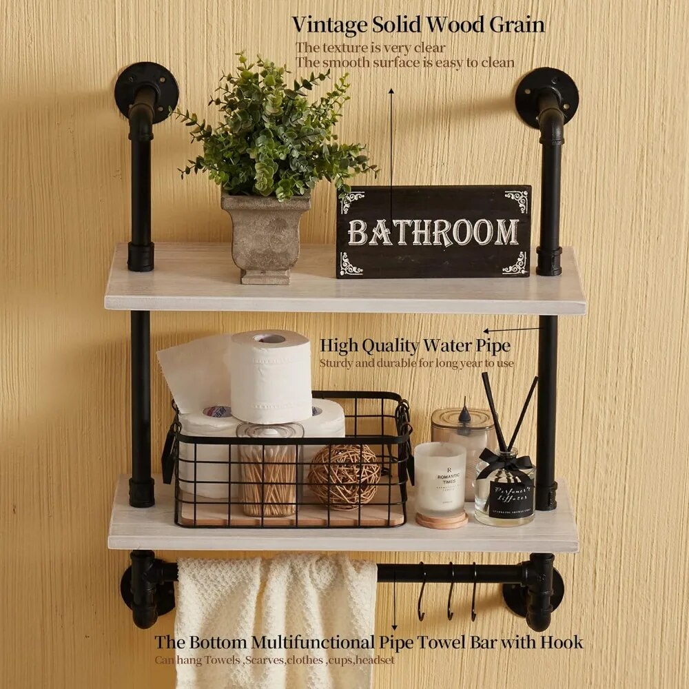 Pipe Shelving with Towel Bar,  Retro White Rustic Farmhouse Pipe Wall