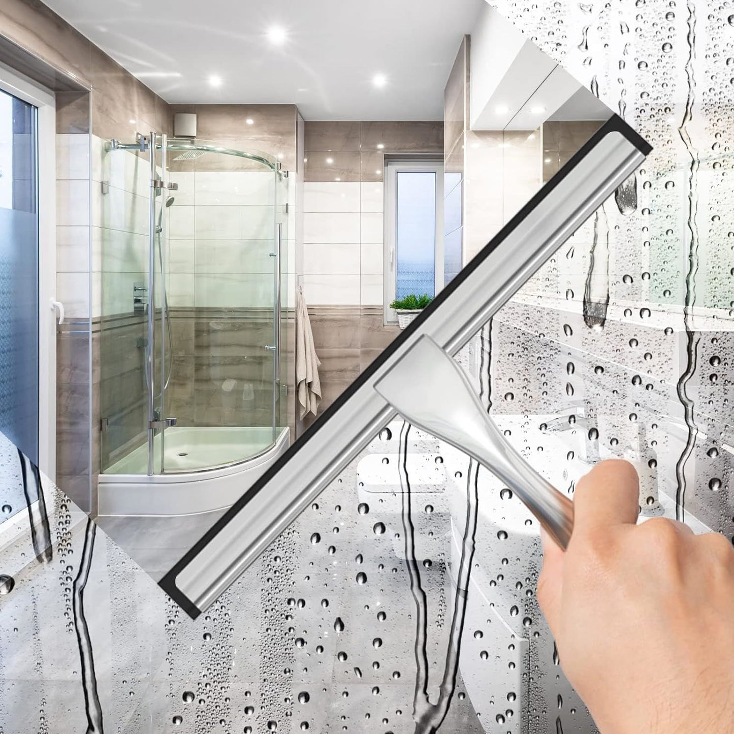 All-Purpose Stainless Steel Shower Squeegee for Shower Glass Door with 2 Adhesive Hooks