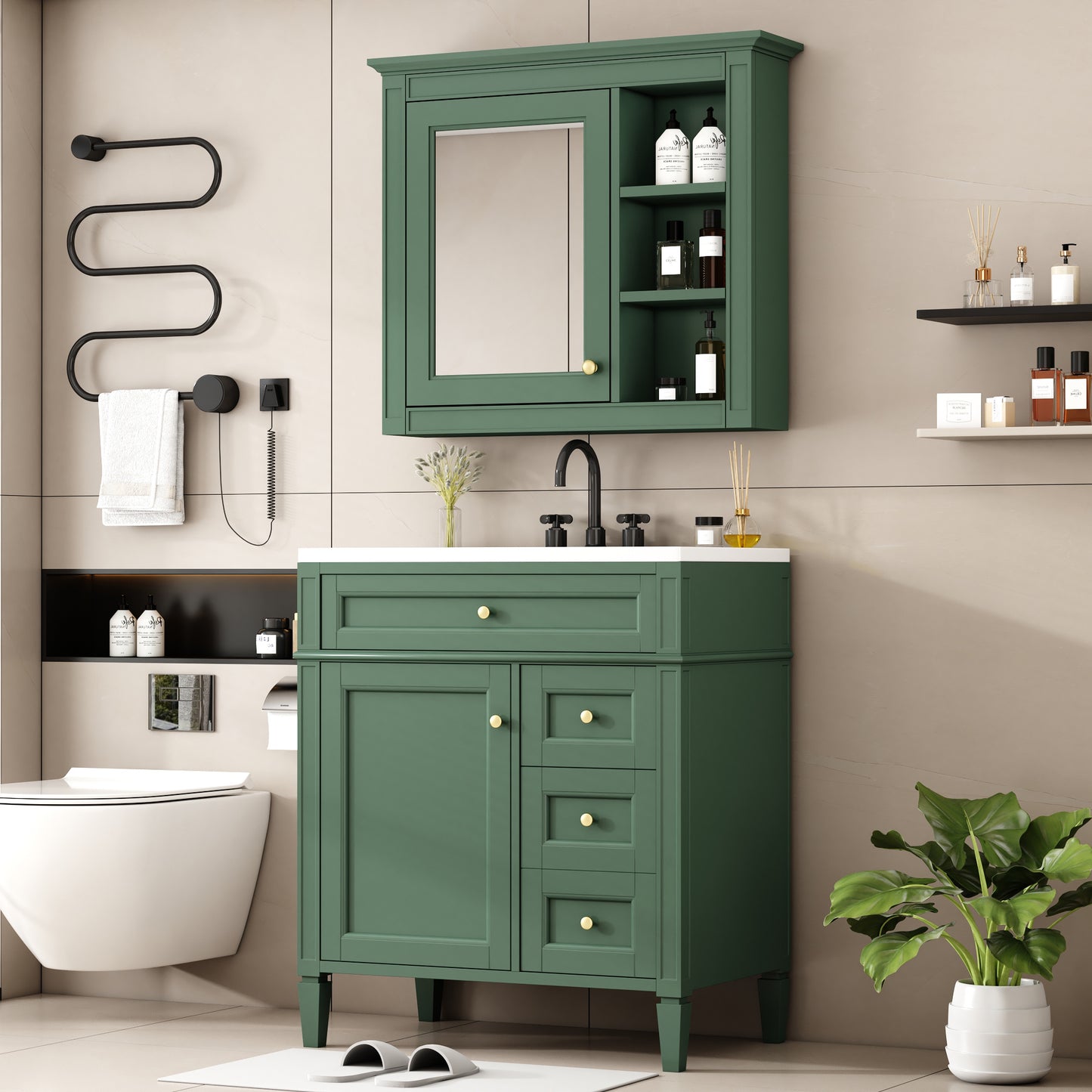 30'' Bathroom Vanity with Top Sink, Modern Bathroom Storage Cabinet with 2 Drawers and a Tip-out Drawer, Freestanding Vanity Set with Mirror Cabinet, Single Sink Bathroom Vanity